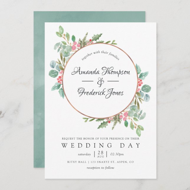 Convites Casamento de Natal Eucalyptus Geométrico (Frente/Verso)