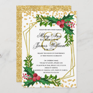 Convites Casamento de Natal Festivo Dourado Holly White