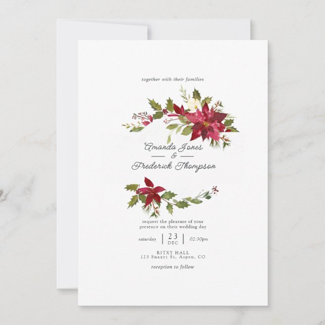Convites Casamento de Natal Floral Aquarela Borgonha (Frente)
