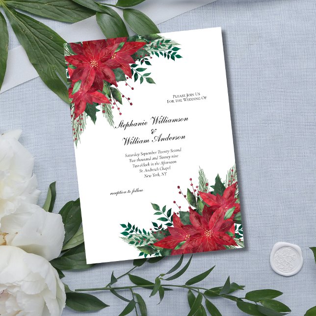 Convites Casamento de Natal Floral de inverno Red Poinsetti (Red Poinsettia Greenery Winter Wedding Christmas Wedding Invitation. Printed or digital download)