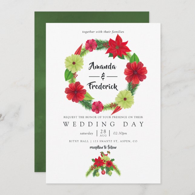 Convites Casamento de Natal Floral Folk Art Watercolor (Frente/Verso)