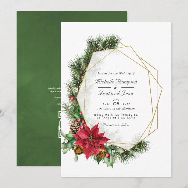 Convites Casamento de Natal Floral Geométrico com Código QR (Frente/Verso)