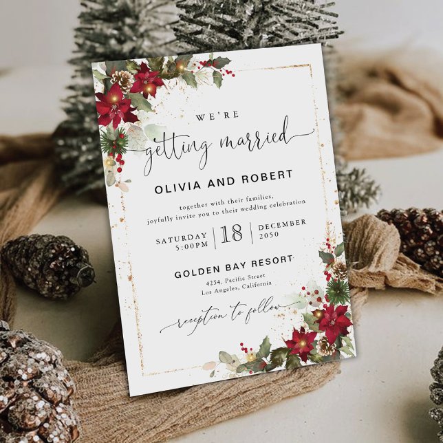 Convites Casamento de Natal Floral Rustic Pine Poinsettia (Criador carregado)