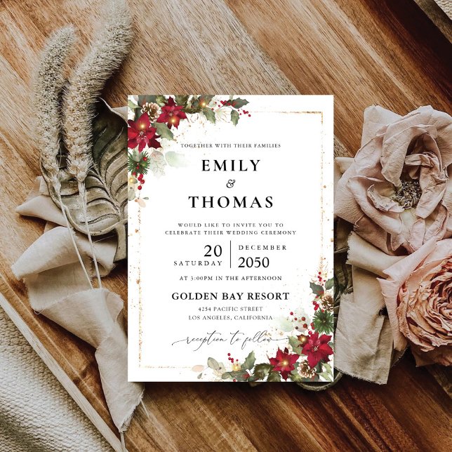 Convites Casamento de Natal Floral Rustic Pine Poinsettia (Criador carregado)