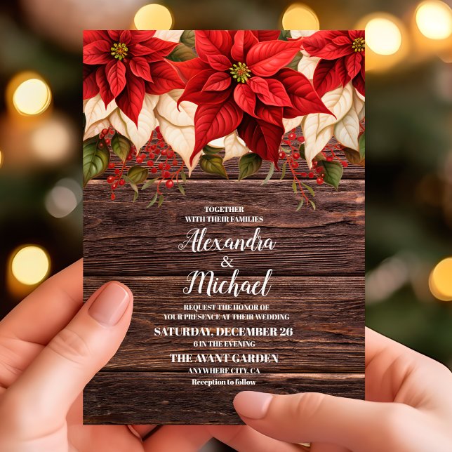Convites Casamento de Natal Floral Rustic Wood Poinsettia (Criador carregado)