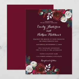 Convites Casamento de Natal Floral Vermelho Elegante Burgun