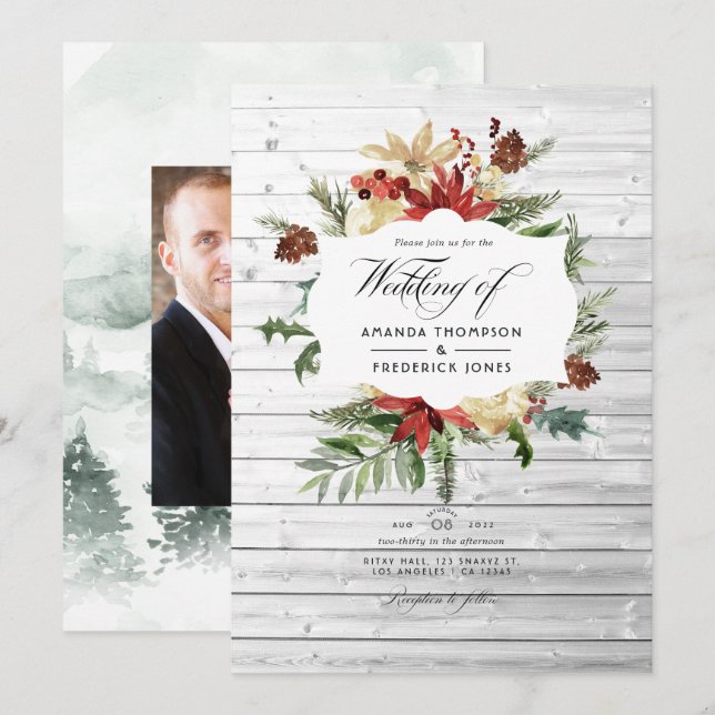 Convites Casamento de Natal Floresta de Inverno Rústico Fot (Frente/Verso)