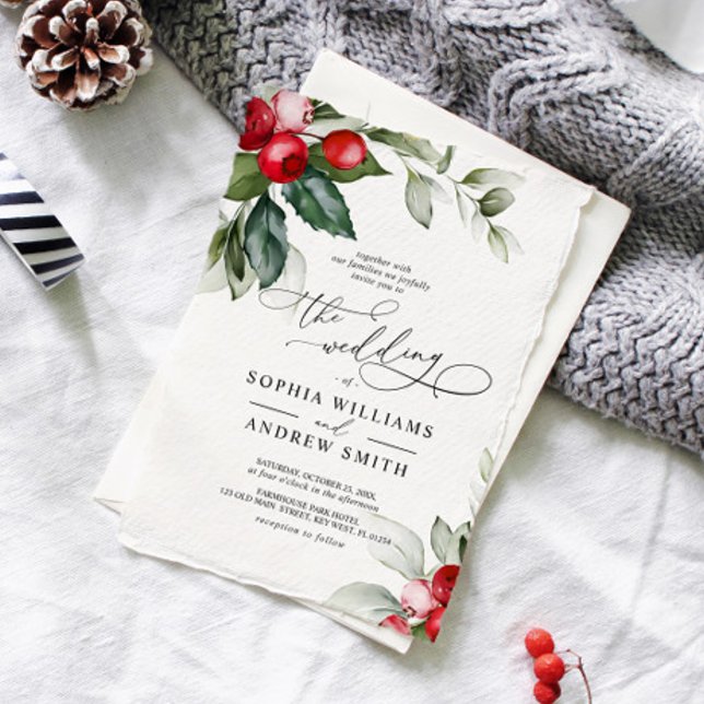 Convites Casamento de Natal Greenery & Red Berries (Christmas Wedding Invitation)