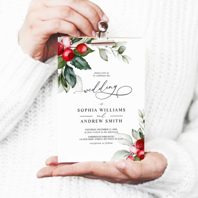Convites Casamento de Natal Greenery & Red Berries (Christmas Wedding Invitation)