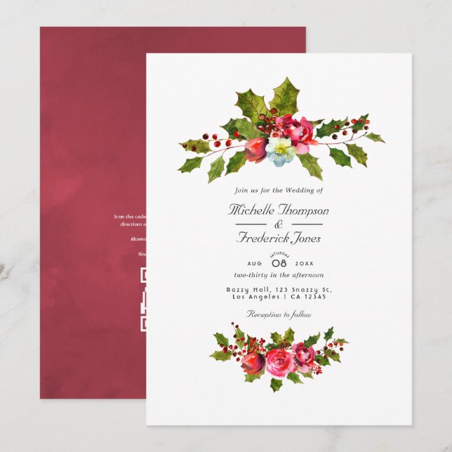 Convites Casamento de Natal Holly QR Code RSVP (Frente/Verso)