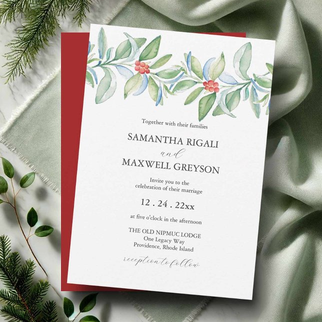 Convites Casamento de Natal Invitation Watercolor Botanical (Watercolor wedding invitations featuring hand painted winter botanical art by Victoria Grigaliunas)