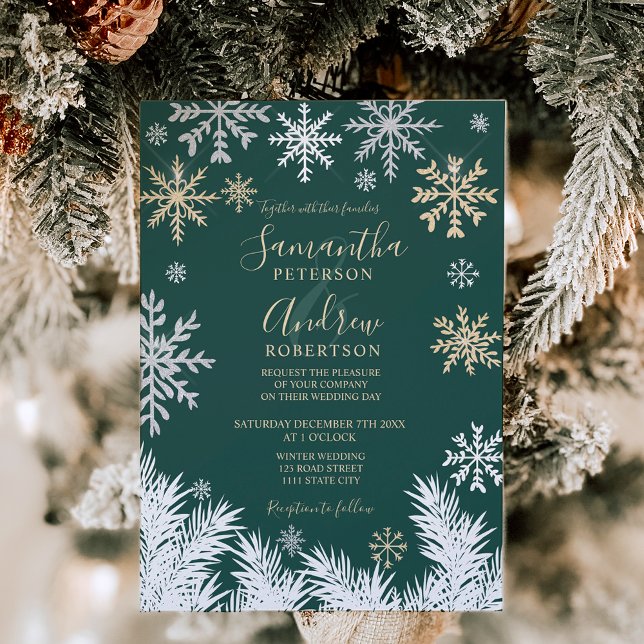 Convites Casamento de Natal moderno com pínus de neve (Modern snowflake pine winter Christmas wedding green Invitation)