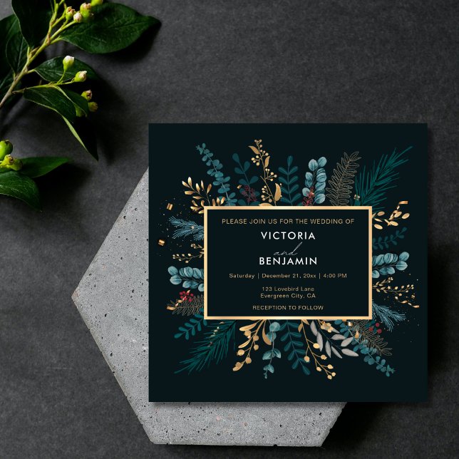 Convites Casamento de Natal Moderno e Botânico elegante (Elegant Botanical Modern Christmas Holiday Wedding Invitation)