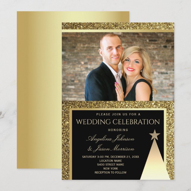 Convites Casamento de Natal Moderno Preto e Dourado (Frente/Verso)