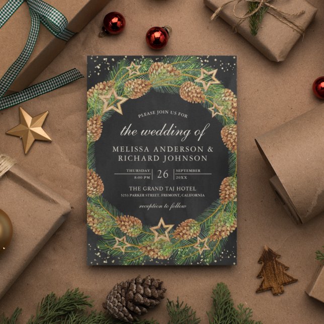 Convites Casamento de Natal Negro da Rua Pine Rustic Cones (Criador carregado)