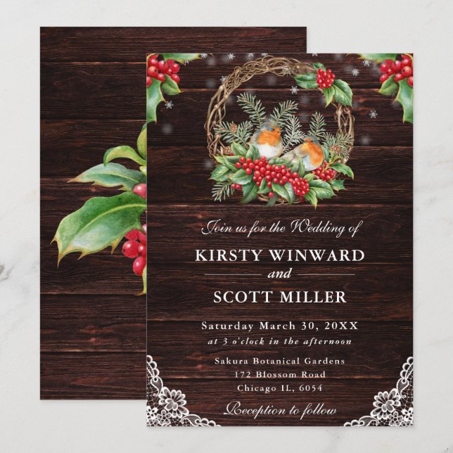 Convites Casamento de Natal Rustic Wood Robin e Holly (Frente/Verso)