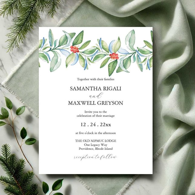 Convites Casamento de Natal Único - Cores de Água (Christmas wedding invitations watercolor botanical art by Victoria Grigaliunas of Do Tell A Belle)