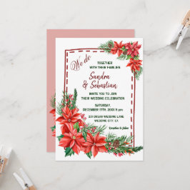Convites Casamento de Natal vermelho Floral Rustic Poinsett