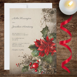 Convites Casamento de Natal Vintage com Pinheiro e Poinsett