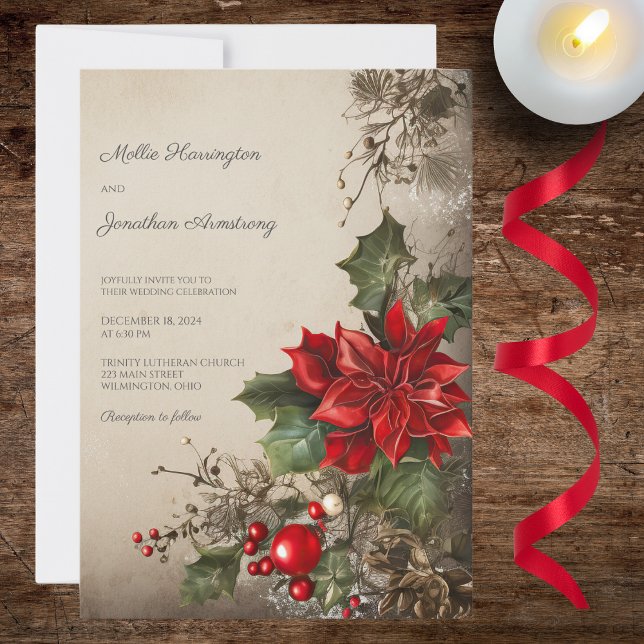 Convites Casamento de Natal Vintage com Pinheiro e Poinsett (Criador carregado)