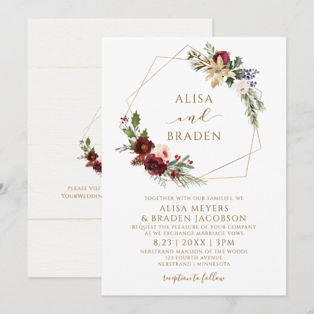 Convites Casamento de Natal Wreath Elegante Greenery (Frente/Verso)