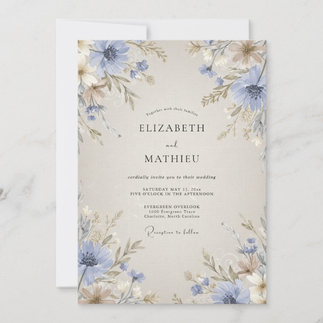 Convites Casamento de Natureza Delicada Azul Centáurea (Frente)