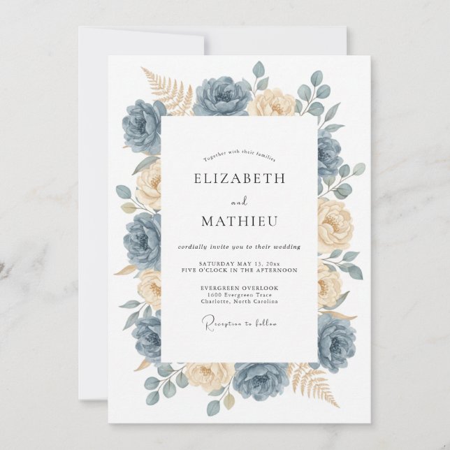 Convites Casamento de Natureza Elegante Azul Ardesia (Frente)
