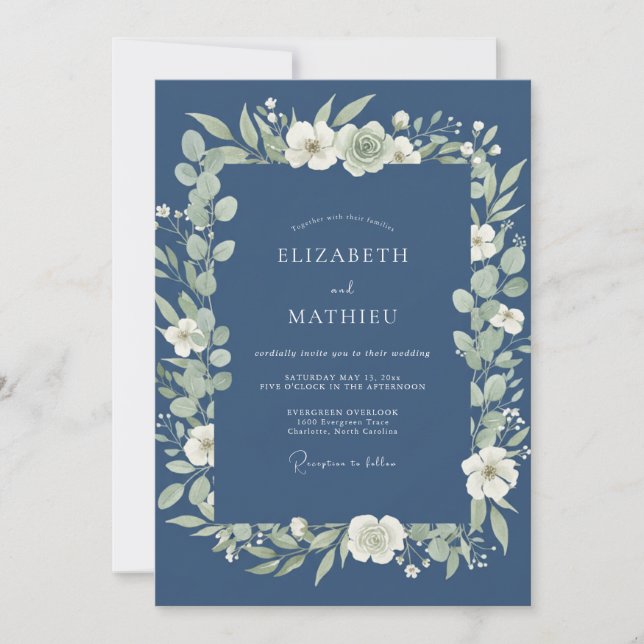 Convites Casamento de Natureza Sedutora Azul Naval (Frente)