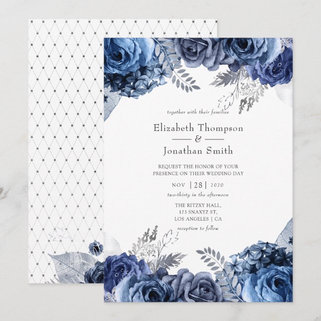 Convites Casamento de Naval e Branco com Floral em Folha de (Frente/Verso)