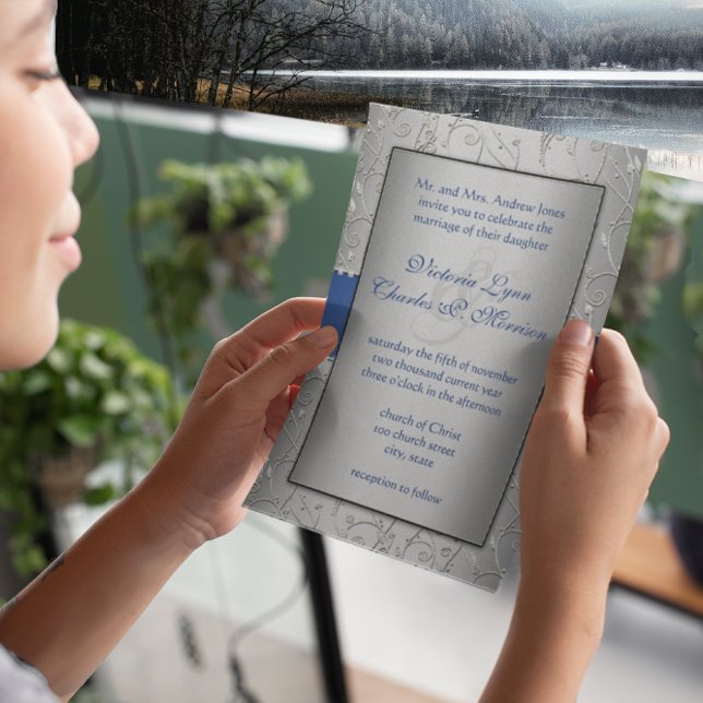 Convites Casamento de Nave de Nave Real de Prata Azul Monog (Criador carregado)