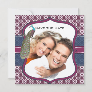 Convites Casamento de Nave e Berries Elegante Damasco Pavão