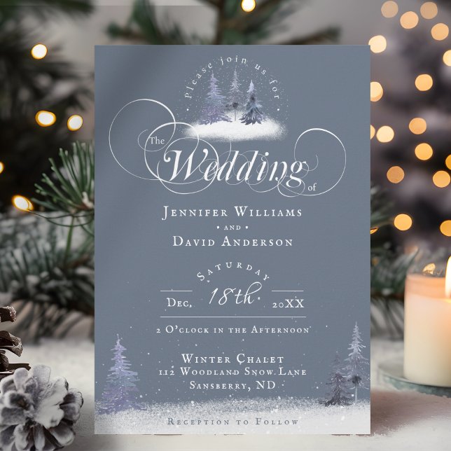 Convites Casamento de Neve Azul Pinheira Dusty Wonderland (A winter wedding invitation with dusty blue and white watercolor pine trees and soft fallen snow.)