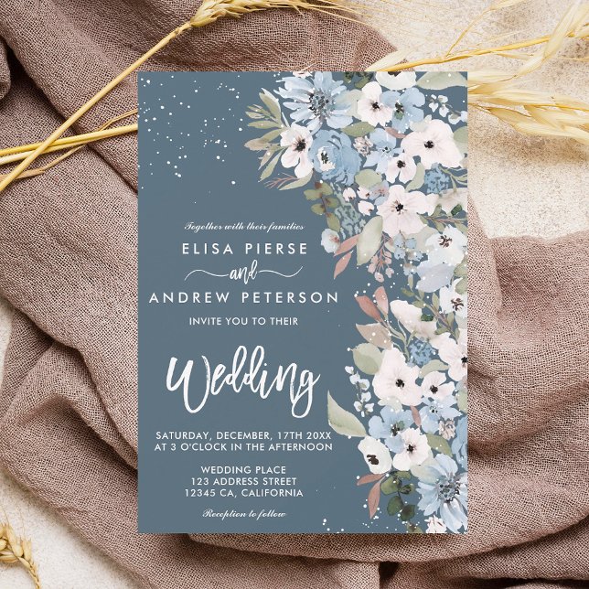 Convites Casamento de neve floral azul-poeirento (Winter dusty blue floral snow wedding invitation on dusty bue)