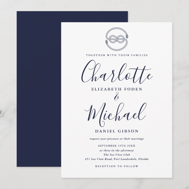 Convites Casamento de Nó Náutico Azul Marinho Script (Frente/Verso)