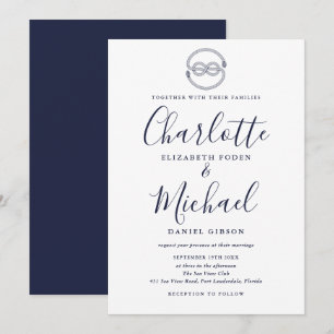 Convites Casamento de Nó Náutico Azul Marinho Script