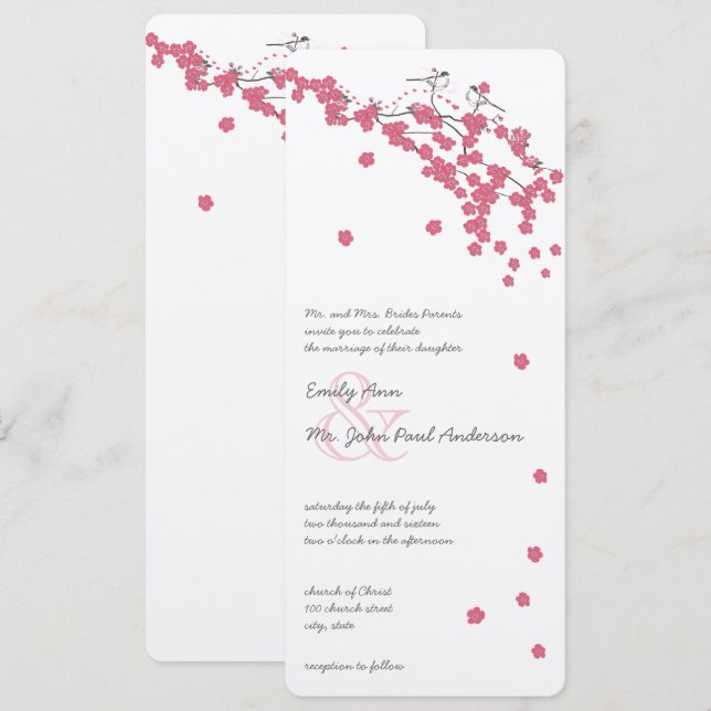 Convites Casamento de Noiva de Cerejeira Rosa Quartzo Rosa (Frente/Verso)