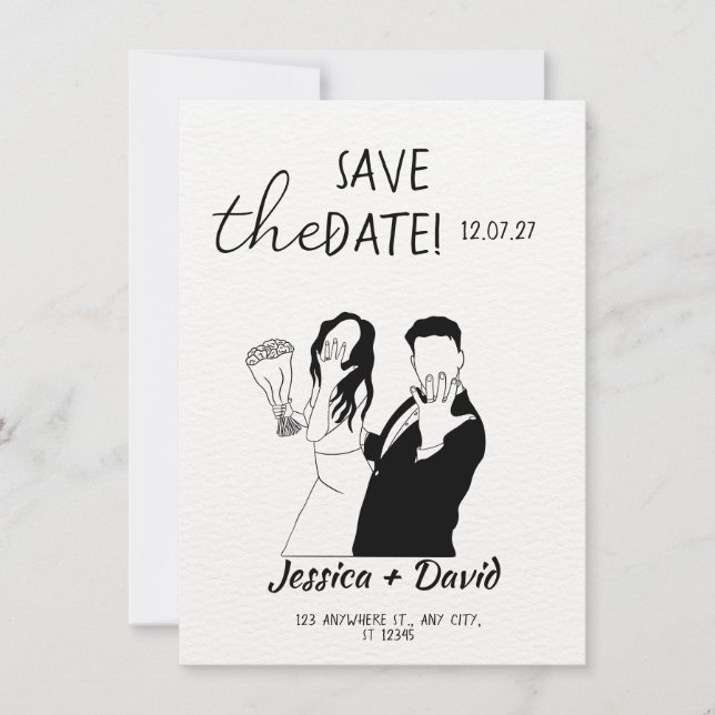 Convites Casamento de Noiva e Noivo com Arte de Linha Minim (Frente)