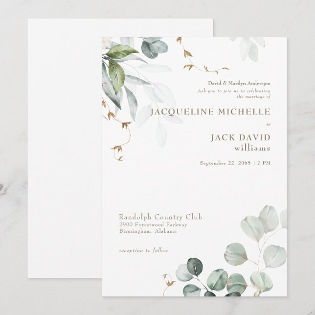 Convites Casamento de Noivas Brancas Eucalyptus Elegance (Frente/Verso)