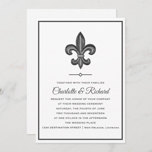 Convites Casamento de Nola Cinza e Fleur De Lis (Frente/Verso)