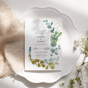 Convites Casamento de Nova Data do Dourado Eucalyptus Green
