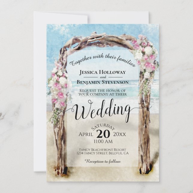 Convites Casamento de Nozes Rosa e Rosas Brancas de Waterco (Frente)