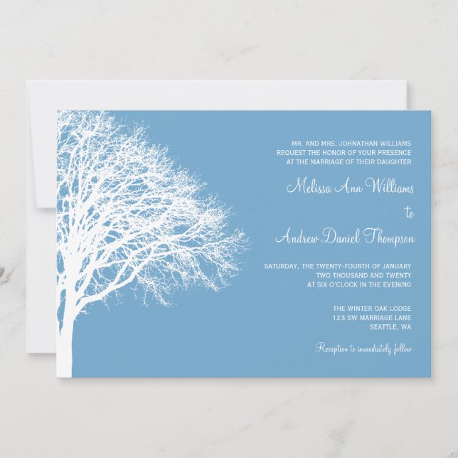 Convites Casamento de Oak de inverno branco e azul (Frente)