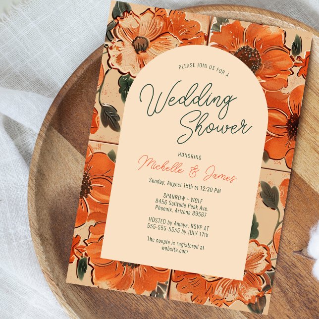 Convites Casamento de Oasis Terracotta no Deserto Elegante (A wedding shower invite with orange poppies, honoring Michelle & James, )