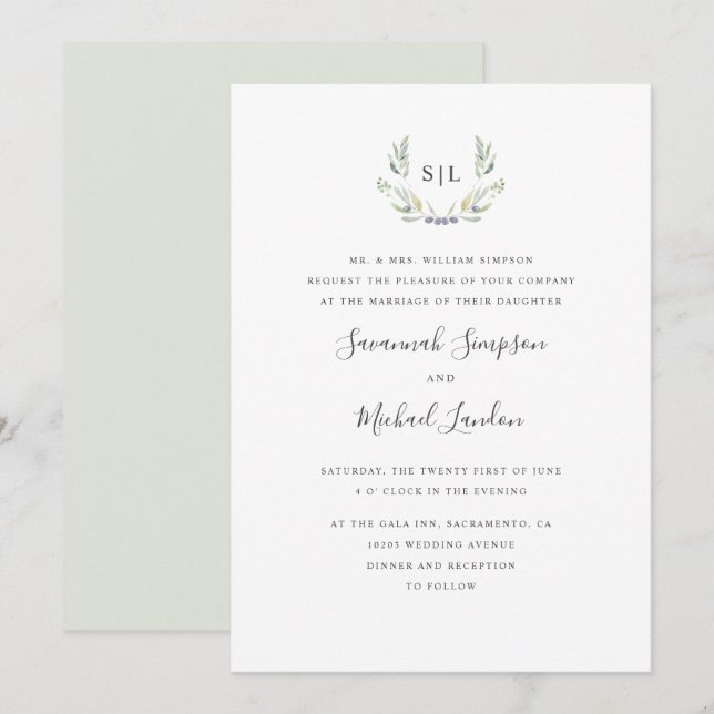 Convites Casamento de oliva pintada e de monograma formal (Frente/Verso)