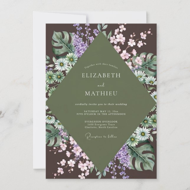 Convites Casamento de Oliva Roxo Monstera Eucalipto (Frente)