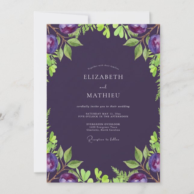 Convites Casamento de Oliva Suave Eucalipto Roxo Profundo (Frente)