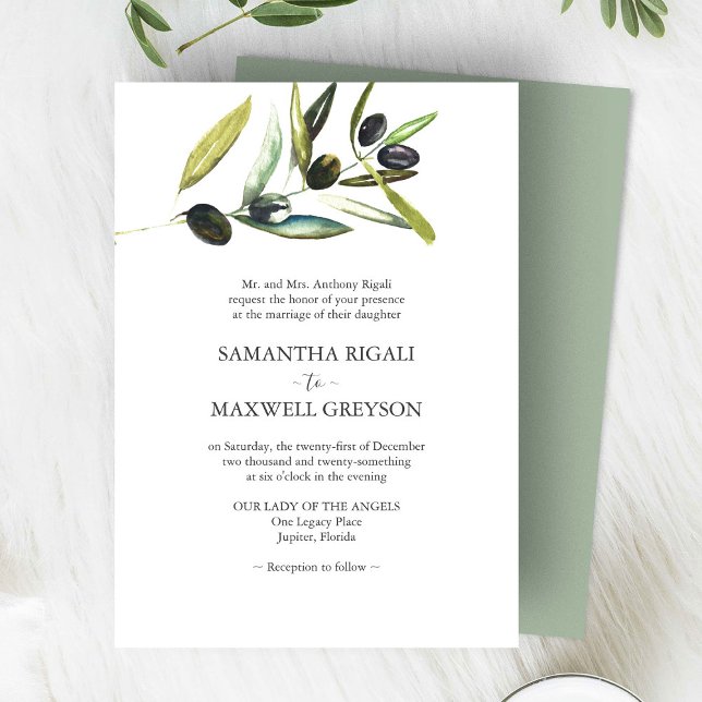 Convites Casamento de Oliva Verde de Sala Elegante (watercolor wedding invitations olive branch art by Victoria Grigaliunas of Do Tell A Belle)