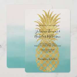 Convites Casamento de Ombre de Aqua Watercolor Glam Dourado