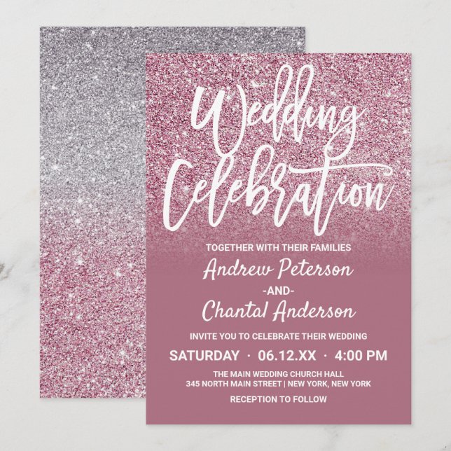 Convites Casamento de Ombre Glitter Glitter Faux Silver Ros (Frente/Verso)