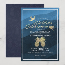 Convites Casamento de Onda Azul com Casal de Abacaxi Dourad